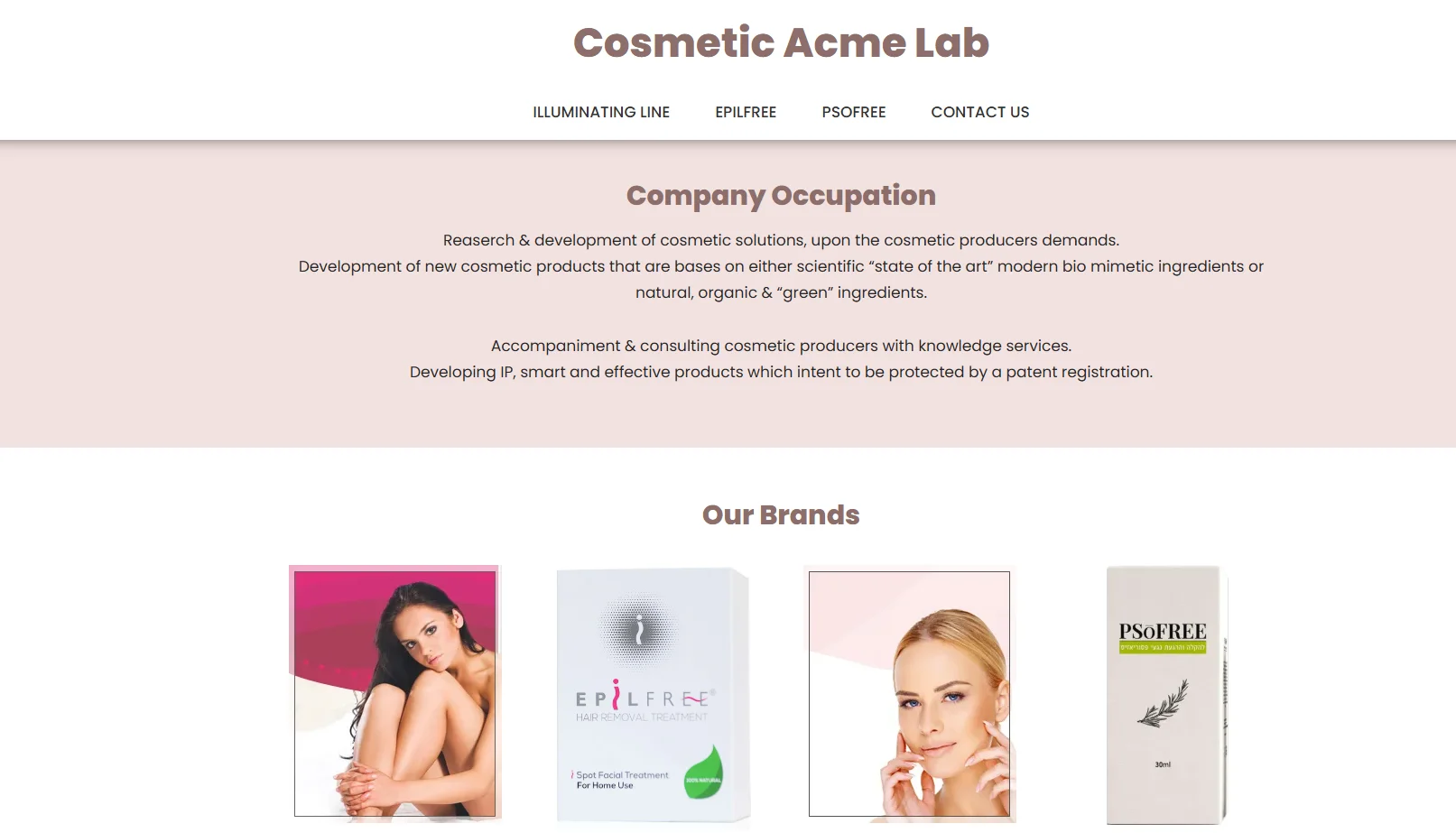 Cosmetic Acme Lab header with brand products showcased, including Epilfree and PsoFree boxes.